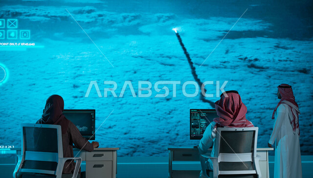 Space Flight Control Center, a Saudi Arabian trip to outer space, the background of modern screens, a photograph from behind of a work team observing the moment the space shuttle launched from Saudi Arabia, Vision 2030