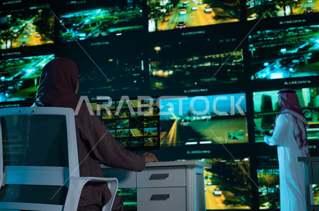  رؤية ٢٠٣٠, كاميرات إلكترونيه متطورة ، القيام بمراقبة الحركه المروريه في طرق وشوارع مدينة الرياض، خلفية شاشات حديثه ،صورة من الخلف لفريق عمل  عربي خليجي سعودي, مركز الاداره والإشراف على أمن أحياء ومناطق السعوديه