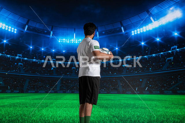 اولمبياد كرة القدم السعودي,  نهائيات كأس العالم فيفا, مونديال السعوديه ،ممارسة هواية و رياضة اللعب بالكرة ، مباراة كرة القدم٢٠٢٣, النظر الى الكاميرا, فريق المنتخب الوطني السعودي, صوره من الخلف للاعب عربي خليجي سعودي يحمل تحت ذراعه كرة لقدم