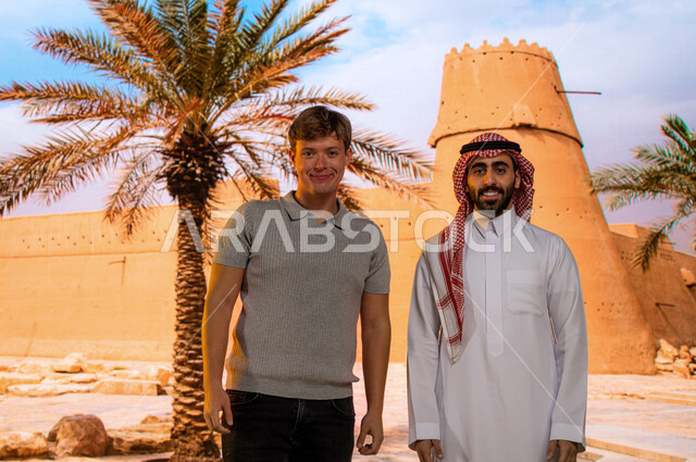 The tourist guide for tourists, the Museum of the Unification of Saudi Arabia, ancient historical tourist attractions, the traditional clay fortress of Al-Musmak, the distinctive walls in the old architectural building, the historic Masmak Palace in the c