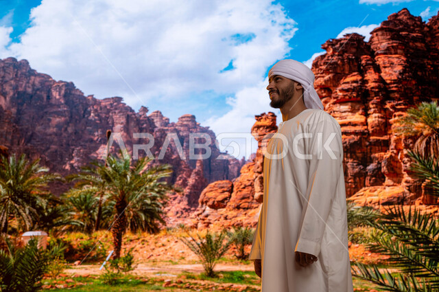 الوقوف أمام التشكيلات والتكوينات الصخرية في مدينة العلا ,زراعة أشجار النخيل في الأماكن السياحيه المشهوره في السعوديه, صورة مقربة من الجانب لسائح عربي اماراتي خليجي يرتدي الزي التقليدي يستمتع في المناظر الطبيعه الجبليه التاريخيه التاريخيه الاثريه العريقه