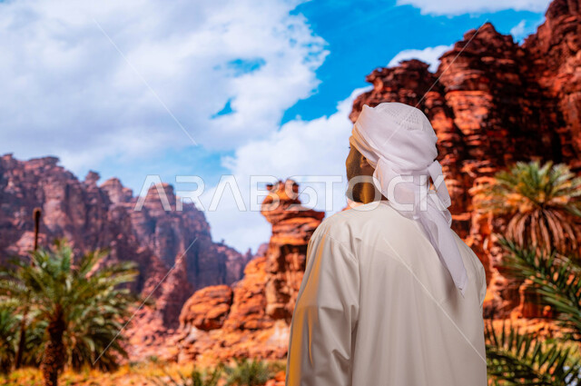 الوقوف أمام التكوينات والتشكيلات الصخرية في مدينة العلا، زراعة النباتات و أشجار النخيل في الأماكن السياحيه المشهوره في السعوديه, صورة مقربة من الخلف لسائح عربي اماراتي خليجي يرتدي الزي التقليدي يستمتع في المناظر الطبيعه الجبليه التاريخيه الأثرية العريقة