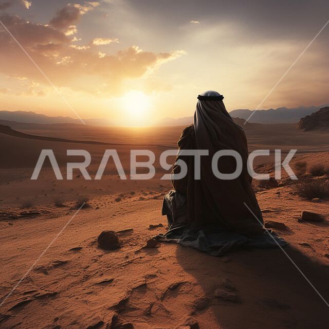 الجلوس و الاستمتاع بمشاهدة غروب الشمس في صحراء المملكة العربية السعودية, صورة من الخلف لرجل  عربي خليجي سعودي يرتدي الشماغ و الثوب السعودي التقليدي ويجلس على الأرض و يقوم بمشاهدة غروب الشمس, البيئة الطبيعية الصحراوية, مناظر وأماكن طبيعية.