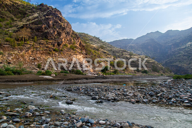 The water flowing between the valleys and mountains in the Jazan region in the Kingdom of Saudi Arabia, the natural tourist attractions of Jazan, the peaks, heights and rock formations in Saudi Arabia, the mountainous environment and the green trees.