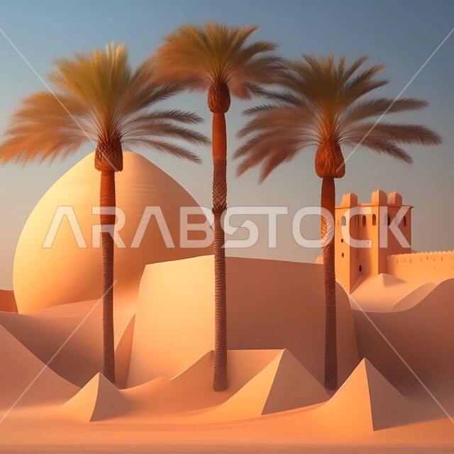 رسوم ثلاثية الابعاد لمسجد في الصحراء, الكثبان والتشكيلات الرملية وأشجار النخيل في المناطق الصحراوية في المملكة العربية السعودية , رمز إسلامي ثري دي , خلفية ناقة إسلامية 