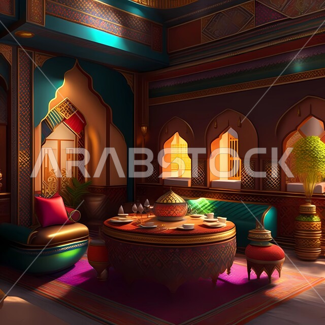 Delicious hot drinks, 3D drawings of a Saudi Arabian Gulf session, living room with Gulf heritage furniture, 3D Gulf drawing, Islamic interior decorations.