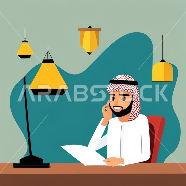رسم ثلاثي الأبعاد لرجل عربي خليجي سعودي يرتدي الشماغ و الثوب السعودي التقليدي يمسك بيده ورقة و يقوم بأعماله المكتبية, الجلوس أمام المكتب و متابعة المهام و الأعمال, ايماءات وجه و يدين تدل على التفكير و الاندماج, خلفية جدارية.