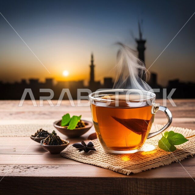 صورة مقربة لكوب من الشاي الساخن، اوراق النعناع الخضراء، طبق من الشاي الجاف، تقديم الشاي بالطريقة السعودية، حسن الضيافة والإستقبال