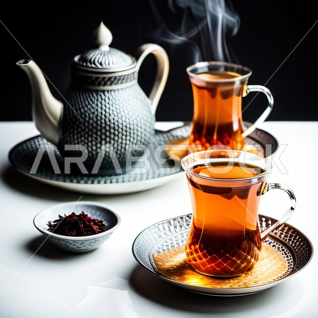 Teapot with cups of hot tea drink, a small plate of dry tea leaves, serving tea and Arabic hospitality