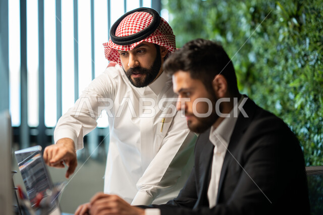 مفهوم الإدارة المتعاونة، موظفان عربيان خليجيان سعوديان يناقشان مهام العمل باستخدام الحاسوب، قسم التحليلات والإحصائيات البيانية، الوحدة والعمل الجماعي لتحقيق أهداف الشركة وحل المشكلات.