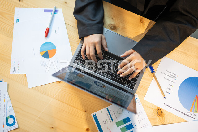 Developing a business strategy and growth plan, a vertical close-up of an employee performing work tasks using a computer, the analysis and statistical department, monitoring the economy and financial information, the company's profit and loss data.