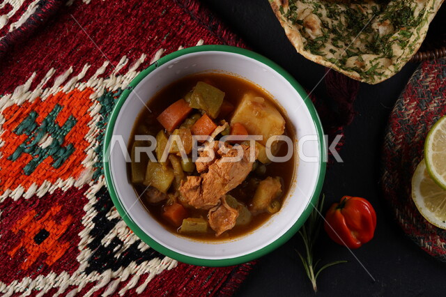 A picture from above to perpetuate the mixed vegetables on a wooden base, Saudi traditional food, distinctive Saudi cuisine, oriental restaurant, delicious traditional Arabic food