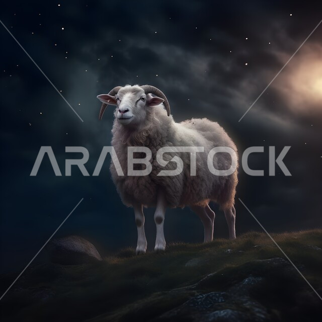 صوره مقربه لخروف ابيض , غنم عيد الأضحى المبارك, كبش أليف, تربية المواشي والحيوانات في المحميات الطبيعيه, خلفية السماء المرصعه بالنجوم
