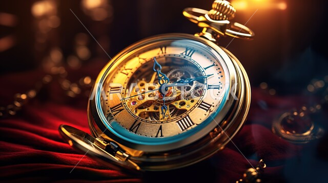 ساعة جيب ذات السلسلة الذهبية من الطراز القديم, جهاز ضبط الوقت في الماضي, ساعه دائرية الشكل بغلاف نحاسي خارجي, تستخدم في النمط الكلاسيكي و الطلة الكلاسيكية.