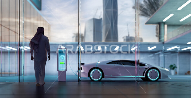 سيارة كهربائية إلكترونيه متطوره أمام أبراج المركز المالي, شحن البطاريه بالكهرباء، صورة من الخلف لرجل عربي خليجي سعودي يرتدي الزي التقليدي يمتلك سياره حديثه فاخره, خلفية هولوجرامية ثلاثية الابعاد لتطور التقنيه و التكنولوجيا الحديثة, وسائل  نقل صديقه للبيئه