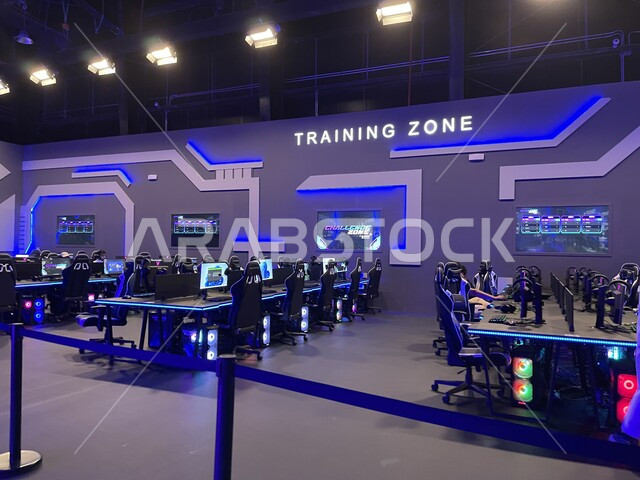 Gamers 8 season events in Riyadh Boulevard, a group of computers and professional gaming chairs, advanced gamers computers for electronic games, an area of challenges and tournaments between professional players, entertainment and entertainment with techn
