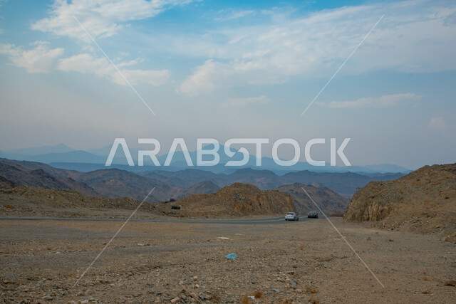Means of transportation and communication, mountain peaks and heights on the land road between the Kingdom and Qatar, landscapes in the desert areas and sand dunes on the Salwa road in the Kingdom of Saudi Arabia, hills and plateaus in mountainous areas, 