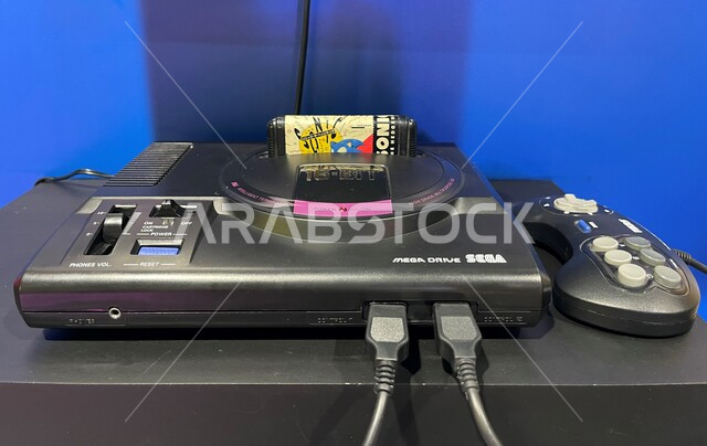 Challenges, competitions, and playing with friends, a close-up of the first Sega console with its own controller, the device that plays the famous Sonic game, old electronic game consoles, memories from the past, home entertainment youth activities