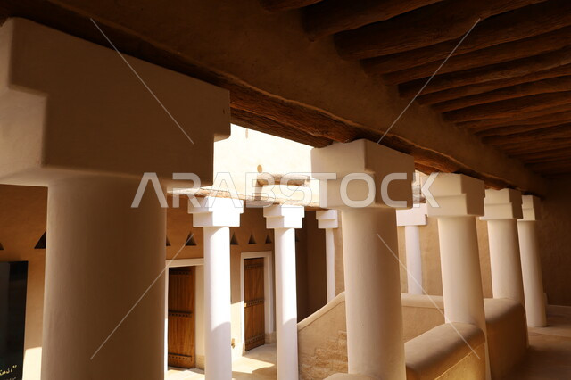 The ancient architectural art of the ancient walls of Diriyah in the city of Riyadh in the Kingdom of Saudi Arabia, an interior picture of the ancient buildings and mud houses in the Al-Turaif neighborhood, ancient popular historical monuments, heritage p