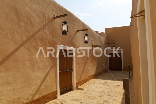 Ancient popular historical monuments, the ancient wooden doors of the mud houses in the historical Al-Turaif neighborhood, the old Diriyah in the city of Riyadh in the Kingdom of Saudi Arabia, the establishment of the first Saudi state in 1727 AD, places 