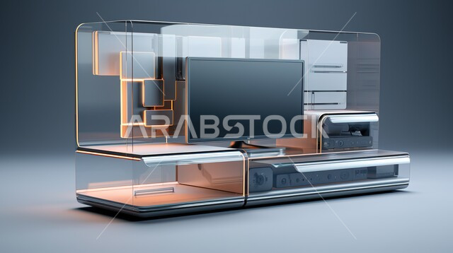 تصاميم عصرية حديثة للأثاث المنزلي، استخدام الذكاء الإصطناعي في التصميم الداخلي، تصميم ثلاثي الأبعاد لطاولة تلفاز إلكترونية ذكية، طاولة شاشة بتقنيات تكنولوجية معاصرة، تكنولوجيا المستقبل المتطورة