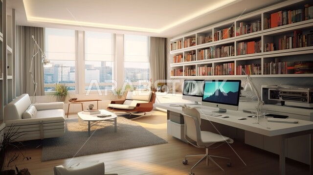 التصميم والديكور الداخلي لغرفة مكتبية راقية، تصاميم عصرية لمكاتب الشركات وغرف القراءة والجلوس، مكتب عمل بأثاث فاخر وراقي، استخدام التكنولوجيا الحديثة في البيئة العملية