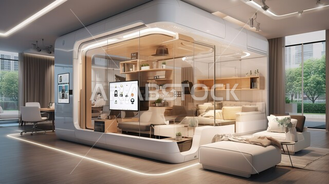 تصميم ثلاثي الأبعاد لغرفة نوم إلكترونية ذكية، دمج الذكاء الاصطناعي مع الديكورات المنزلية الداخلية، تصاميم عصرية حديثة لمنزل ذكي، غرفة معيشة بأثاث أبيض راقي وتقنيات متقدمة، تكنولوجيا المستقبل المتطورة