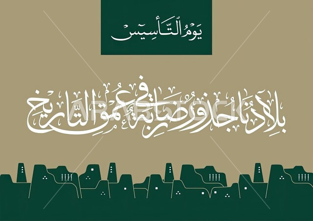 Manuscript of the Saudi founding day, a national occasion to celebrate the anniversary of the country's independence and the founding of the Saudi state, the Saudi flag in green, celebrations of national and popular occasions, the day of glory, pride and 