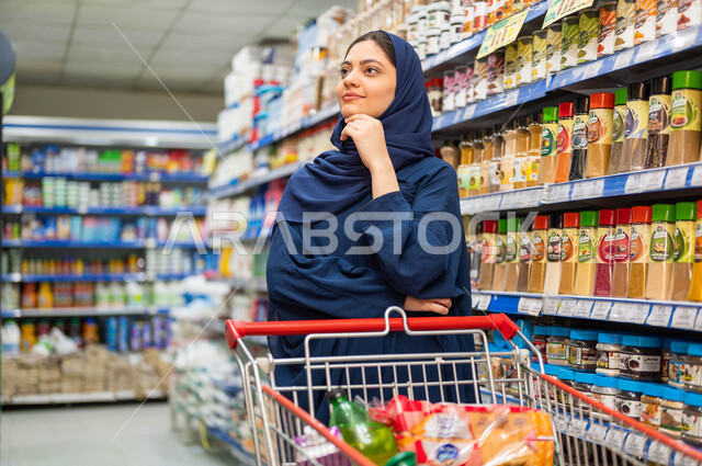 ايماءات النظر والحيرة في اختيار البضائع, التسوق وشراء المواد الغذائية في السوبرماركت, إمرأة عربية خليجية سعودية محجبة تقوم بالتبضع في قسم التوابل والبهارات داخل السوبر ماركت, عرض منتجات وتموينات محلية ومستوردة في المتاجر
