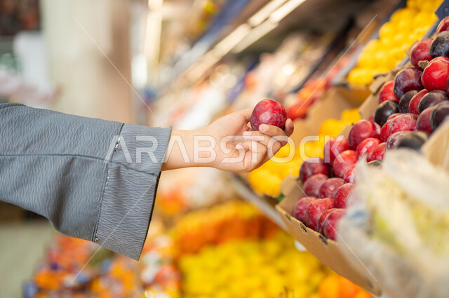 Selecting local, national fresh fruit, shopping and purchasing household supplies from the fresh seasonal fruits and vegetables section in the supermarket, a close-up photo of the hand of a Saudi Arabian Gulf woman holding a red (Bukharan) peach in her hand, Saudi agricultural crops.