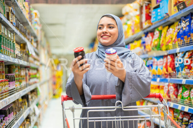التسوق والاستفاده من تخفيضات الجمعه البيضاء، انتقاء واختيار أفضل وأجود السلع والمنتجات من السوبرماركت، شابه عربيه خليجيه سعوديه محجبه ترتدي عباءه رماديه وتقوم بالمقارنه بين نوعين من المنتجات في يدها.
