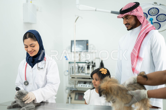  أهمية الفحص الطبي الدوري للقطط والكلاب, مفهوم الاهتمام والعناية بالحيوانات الاليفة المنزلية، طبيبة بيطرية محجبة تقوم بفحص ومعالجة قطة رمادية صغيرة، رجل سعودي عربي خليجي يرتدي الثوب التقليدي والشماغ يقوم بزيارة المراكز والعيادات البيطرية برفقة ابنته