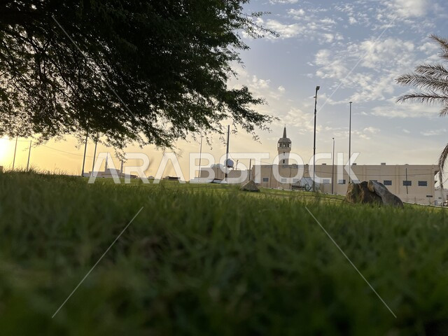 مسجد إسلامي في المملكة العربية السعودية، معالم دينية إسلامية، صورة مقربة للأشجار والنباتات الخضراء، منظر السماء المليئة بالغيوم أثناء غروب الشمس، إسلاميات وعبادة.