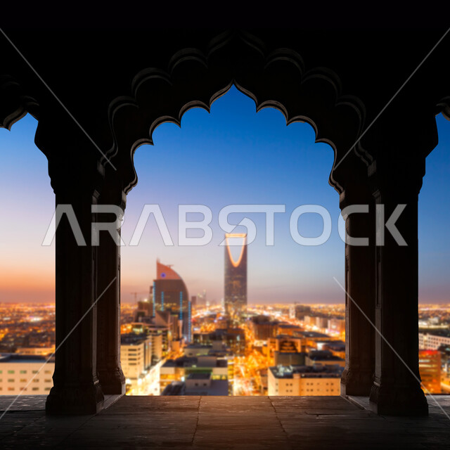 صورة ضبابية لبرج المملكة في مدينة الرياض، الفن الهندسي المعماري للأبراج وناطحات السحاب في المملكة العربية السعودية، التصاميم والديكورات الإسلامية المميزة، معالم الرياض المشهورة