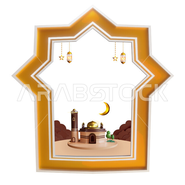 Islamic designs and architectural engineering art on religious occasions and holidays, decorations and decorations on the occasion of the Islamic festival, an illustration of a three-dimensional model of a mosque with Ramadan decorations, celebrating the 