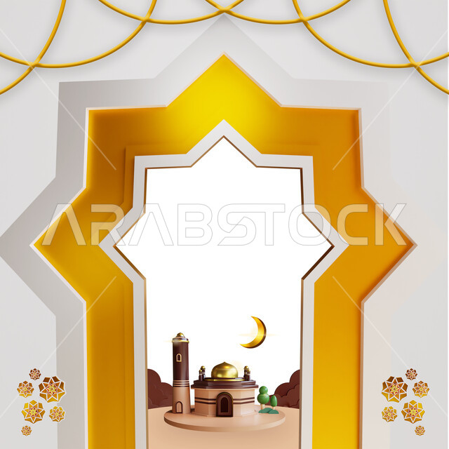 زينة وزخارف بمناسبه المهرجان الإسلامي، الفن الهندسي المعماري والتصاميم الاسلامية في المناسبات والأعياد الدينيه، رسم توضيحي لمجسم ثلاثي الابعاد لمسجد بديكورات رمضانيه، الإحتفال بقدوم شهر رمضان المبارك.