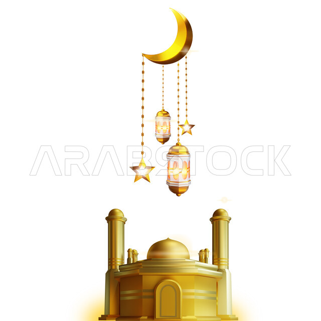 الإحتفال بقدوم شهر رمضان المبارك، الفن الهندسي المعماري والتصاميم الاسلامية في المناسبات والأعياد الدينيه، رسم توضيحي لمجسم ثلاثي الابعاد لمسجد بديكورات رمضانيه، زخارف وزينة بمناسبه المهرجان الإسلامي.