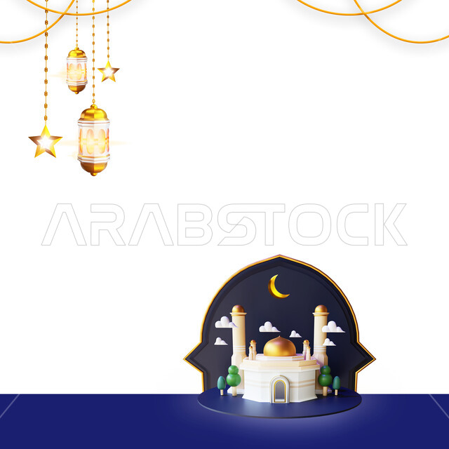 الفن الهندسي المعماري والتصاميم الاسلامية في المناسبات والأعياد الدينيه، رسم توضيحي لمجسم ثلاثي الابعاد لمسجد بديكورات رمضانيه، زخارف وزينة بمناسبه المهرجان الإسلامي، الإحتفال بقدوم شهر رمضان المبارك.