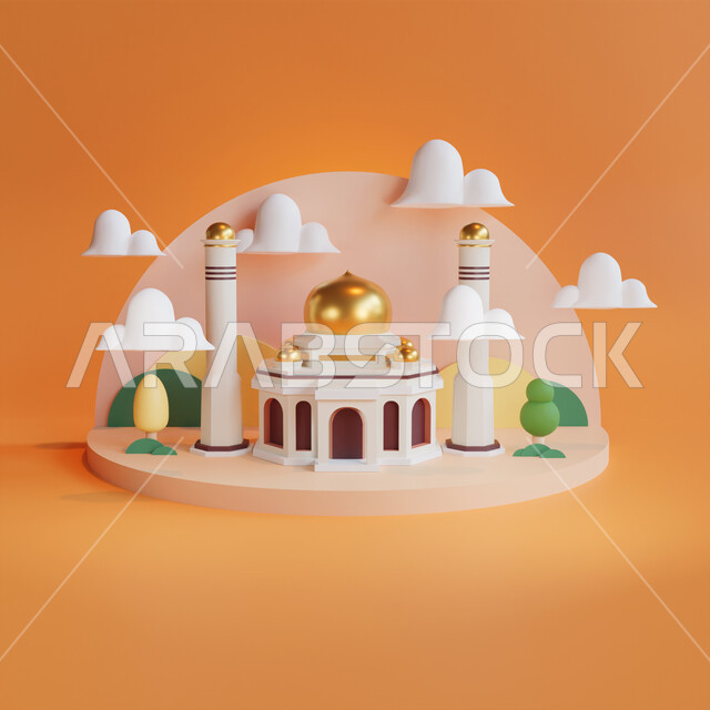 رسوم توضيحيه ثلاثية الأبعاد لمسجد أبيض اللون، مناسبات وأعياد دينيه، الفن الهندسي المعماري وديكورات إسلاميه، اضاءة وزينة شهر رمضان المبارك، تصميم ثري دي للمساجد الإسلاميه، تحف واكسسوارات رمضانية.