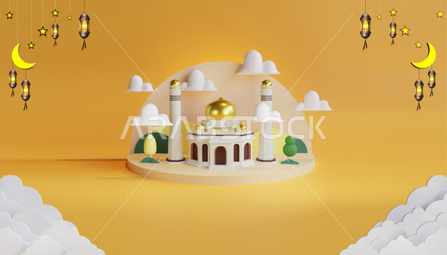 رسوم توضيحيه ثلاثية الأبعاد لمسجد أبيض اللون، تحف واكسسوارات رمضانية، تصميم ثري دي للمساجد الإسلاميه، اضاءة وزينة شهر رمضان المبارك، مناسبات وأعياد دينيه، الفن الهندسي المعماري وديكورات إسلاميه.