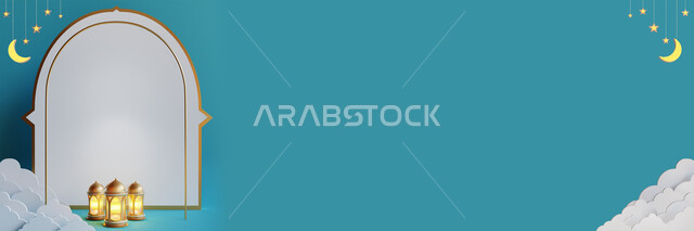 Antiques and accessories for the holy month of Ramadan, 3D luminous designs and decorations, the Islamic celebration on the occasion of the advent of the blessed Ramadan, religious Islamic decorations and decorations, a three-dimensional model of a cresce