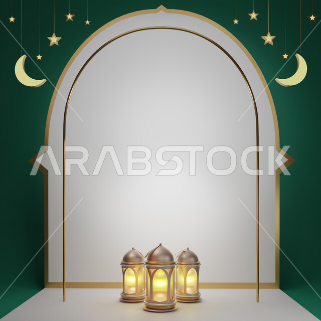 Luminous 3D designs and decorations, the Islamic celebration on the occasion of the advent of the blessed Ramadan, religious Islamic decorations and decorations, a three-dimensional model of a crescent moon and golden Ramadan lanterns, antiques and access