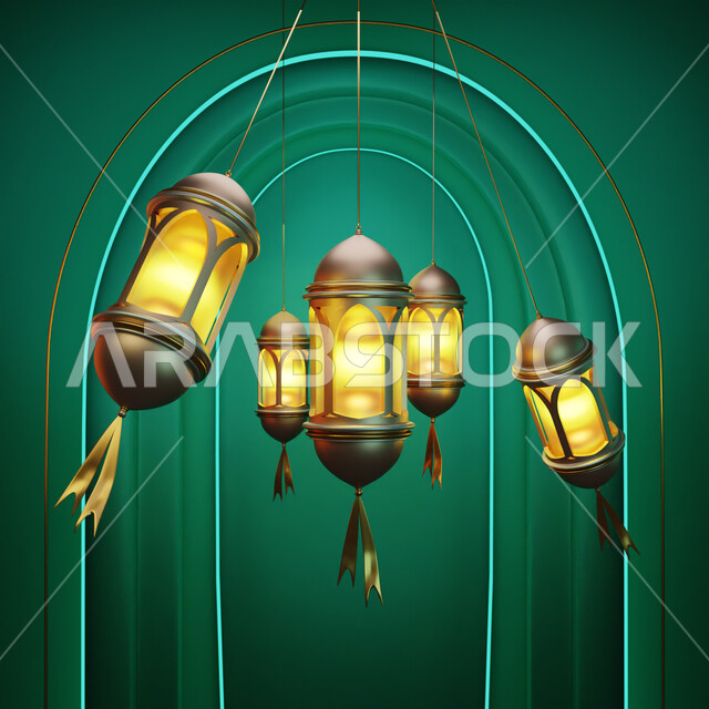 الإحتفال الإسلامي بمناسبة قدوم رمضان المبارك، الديكورات والزخارف الإسلامية الدينيه، مجسم ثلاثي الأبعاد لفوانيس رمضانية ذهبيه، تصاميم وزينة ثري دي مضيئه، تحف واكسسوارات شهر رمضان الكريم، شهر الخير والطاعة والمغفره