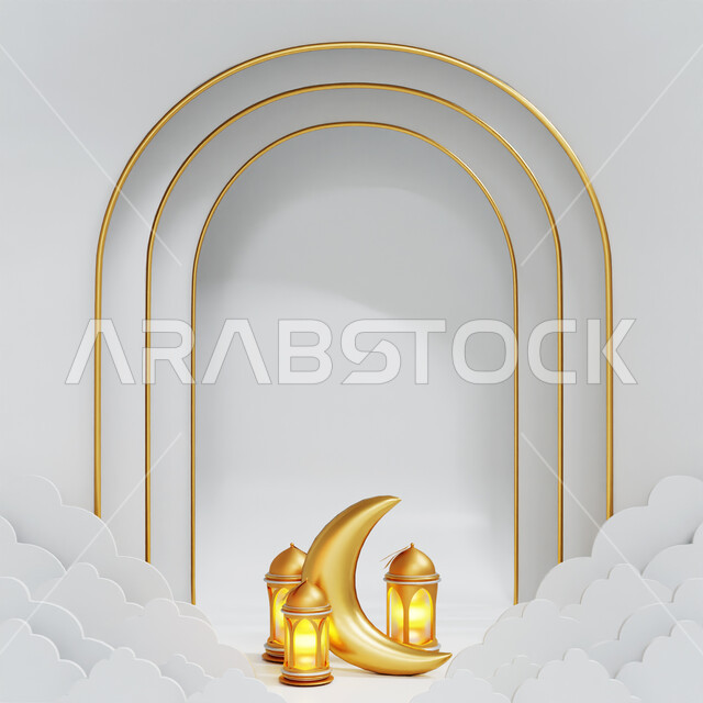 الديكورات والزخارف الإسلامية الدينيه، مجسم ثلاثي الأبعاد لهلال وفوانيس رمضانية ذهبيه، الإحتفال الإسلامي بمناسبة قدوم رمضان المبارك، تصاميم وزينة ثري دي مضيئه، تحف واكسسوارات شهر رمضان الكريم، شهر الخير والطاعة والمغفره