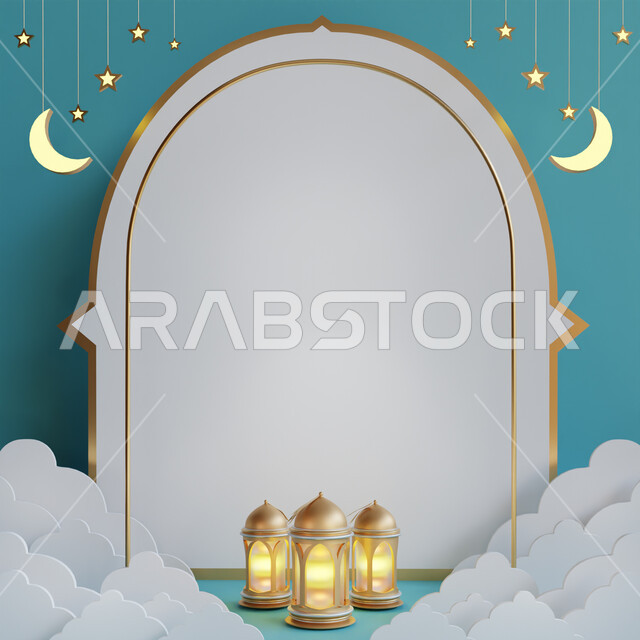 مجسم ثلاثي الأبعاد لهلال وفوانيس رمضانية ذهبيه، الديكورات والزخارف الإسلامية الدينيه، الإحتفال الإسلامي بمناسبة قدوم رمضان المبارك، تصاميم وزينة ثري دي مضيئه، تحف واكسسوارات شهر رمضان الكريم، شهر الخير والطاعة والمغفره