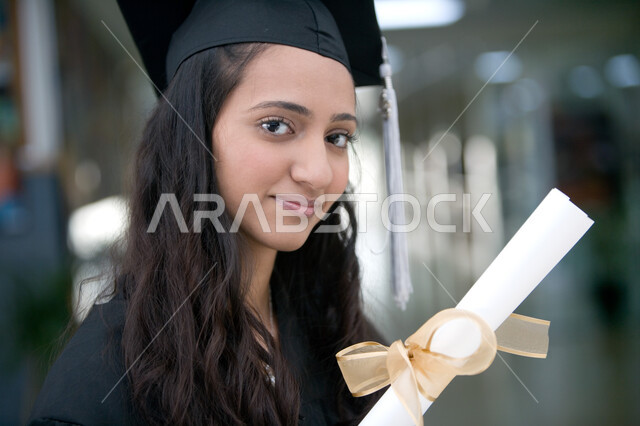 Celebrations of achieving the dream of success from the university, joy and pleasure, and celebration of graduation day with gestures of happiness, a close-up of an Arab Gulf Emirati student wearing graduation uniform and hat holding in her hand a certifi