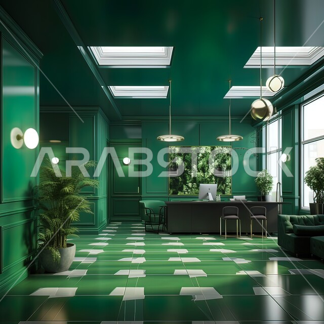 شركات ومكاتب بتصاميم داخلية و ديكورات راقية حديثة، مفهوم الفن الهندسي المعماري، تصميم عصري حديث لغرف الانتظار و الاستقبال، جهاز الحاسوب على طاولة عمل مكتبية، تحف واكسسوارات وأثاث فاخر