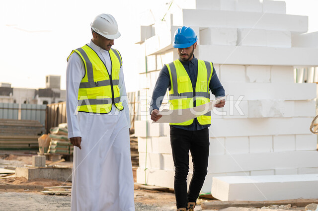 Looking at the building plan and exchanging ideas with focused gestures, two Saudi and Gulf Arab engineers wearing helmets and protection vests walk around the work site, following up on the progress of the project’s organizational plan, verifying the application of architectural plans in the building, architectural designs for facilities in Saudi Arabia
