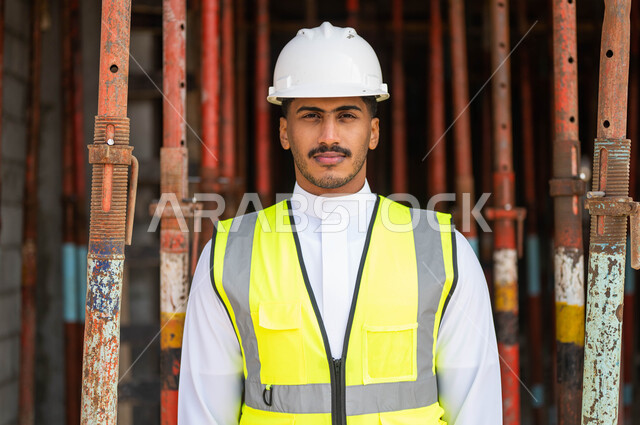 العمل في القطاع الهندسي ،النمو والتطور العمراني على أيدي أبناء الوطن، الخطط و المشاريع الهندسيه المعمارية في موقع العمل ، صورة مقربة لعامل عربي خليجي سعودي يقف باستقامة و يرتدي الخوذة وسترة الحماية ينظر إلى الكاميرا