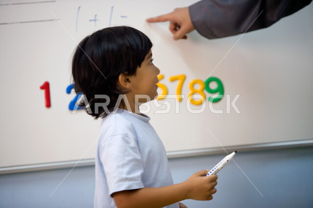 التعلم وتنمية المهارات الذهنية لدى الأطفال, معلمة عربية خليجية إماراتية تقوم بمساعدة الطلاب داخل الفصل, القيام بالعمليات الحسابية على السبورة, الأساليب الحديثة في التعليم الاستنتاجي, المشاركة العملية ومحاكاة ذكاء الطالب